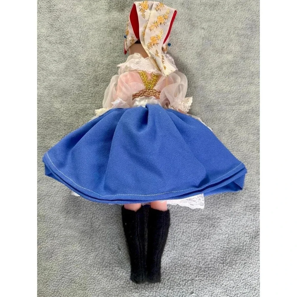 Vintage European Folk Costume Collector Doll Blue Sleep Eyes Lace Apron 10‎ Inch